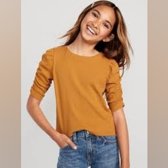 Old Navy Other - Old Navy Mustard Yellow Ruched 3/4 Puff-Sleeve Textured-Knit Top- M (8)